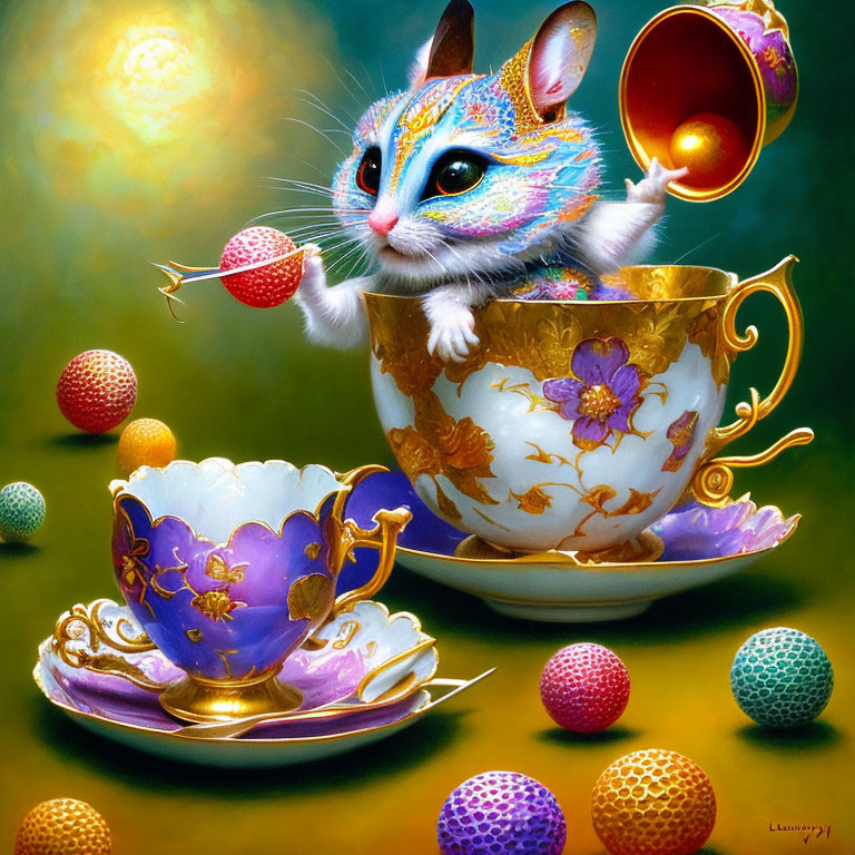 Colorful Mouse Juggling Balls in Golden Teacup Under Warm Light
