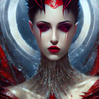 Digital portrait of woman with red & white feathers, intense eyes, ornate jewelry, and regal