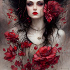 Fantastical portrait of woman with red flowers and dark swirls