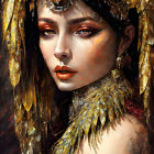 Portrait of Woman with Golden Headgear, Feathers, Tattoos, and Intense Gaze