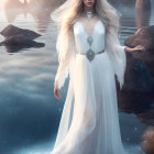 Blonde woman in white dress by serene lake at twilight