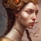 Digital portrait of woman with ornate crown and branch-like veins.