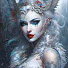 Ethereal woman with striking makeup and ornate headdress in misty backdrop