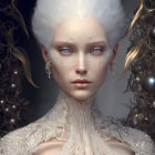 Pale-skinned female figure with red eyes and ornate white headdress in mystical setting