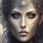 Fantasy portrait featuring metallic headpiece, swirling patterns, and captivating eyes