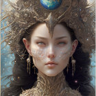 Illustrated portrait of woman with golden headgear, planet motif, facial tattoos, and celestial background.