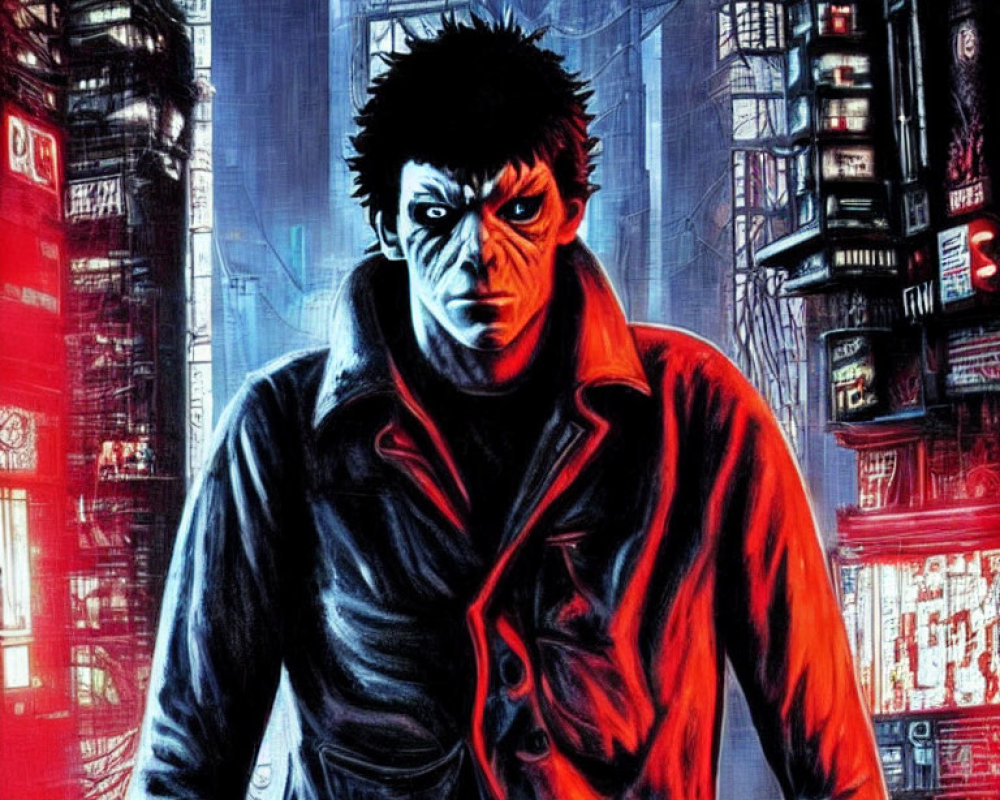 Intense gaze character in black jacket and red shirt against neon cityscape