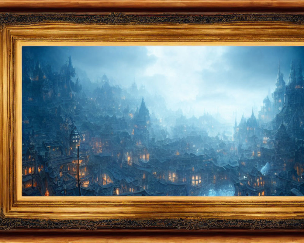 Fantastical Medieval Cityscape Digital Painting in Ornate Wooden Frame