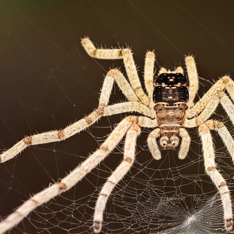 Detailed Brown Spider on Web with Hairy Legs and Body Patterns