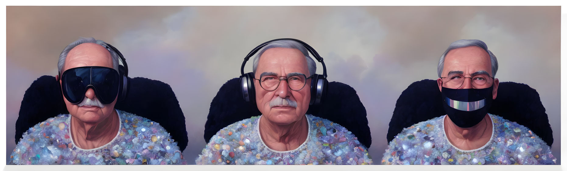 Elderly Man in VR Goggles, Glasses, and Face Mask with Glittery Jacket