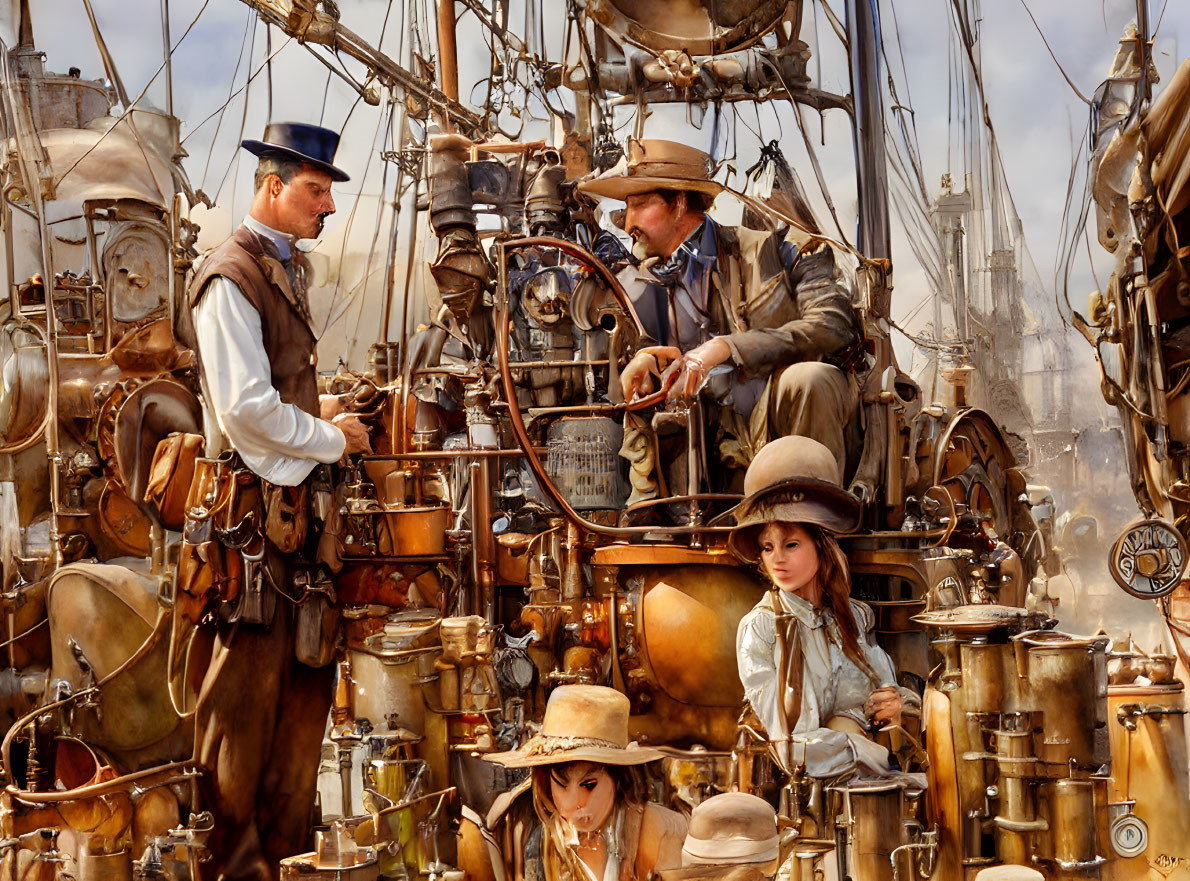 Men in steampunk attire talk near wheel with children observing intricately designed mechanical contraptions