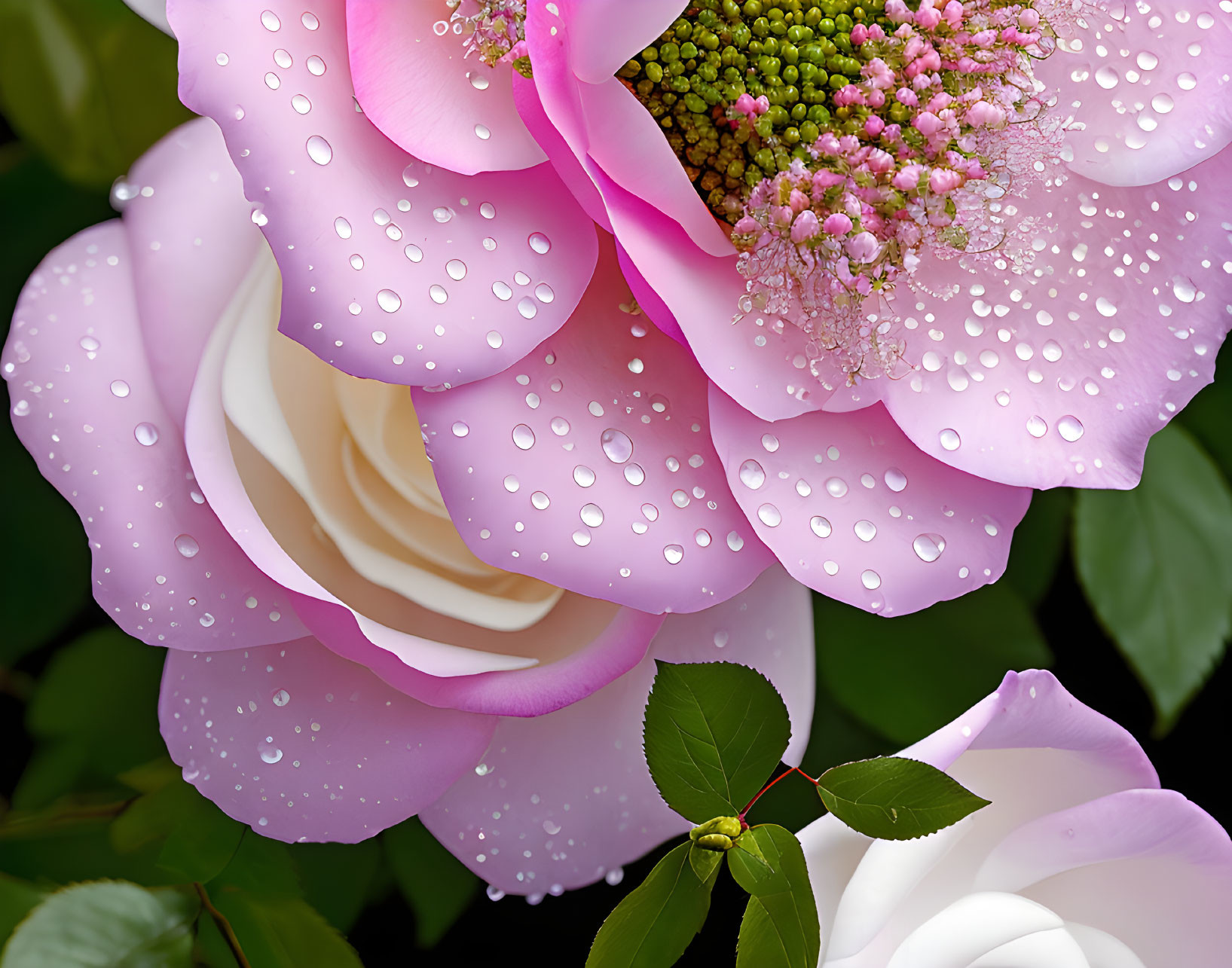 Pink rose with water droplets and tiny pink flowers and leaves close-up