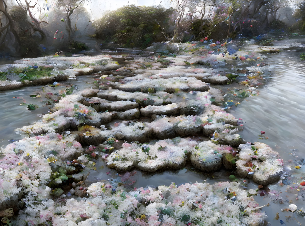 Tranquil river and blossoms in mystical garden landscape