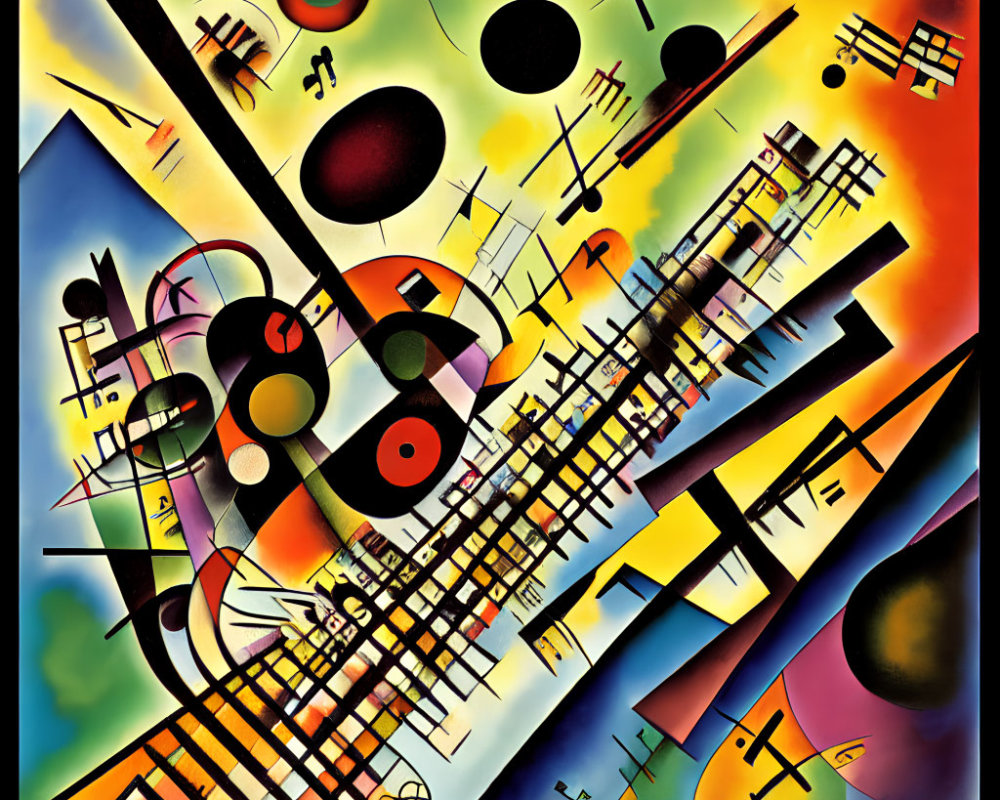 Vibrant abstract painting: geometric shapes, intersecting lines, floating orbs on tilted grid
