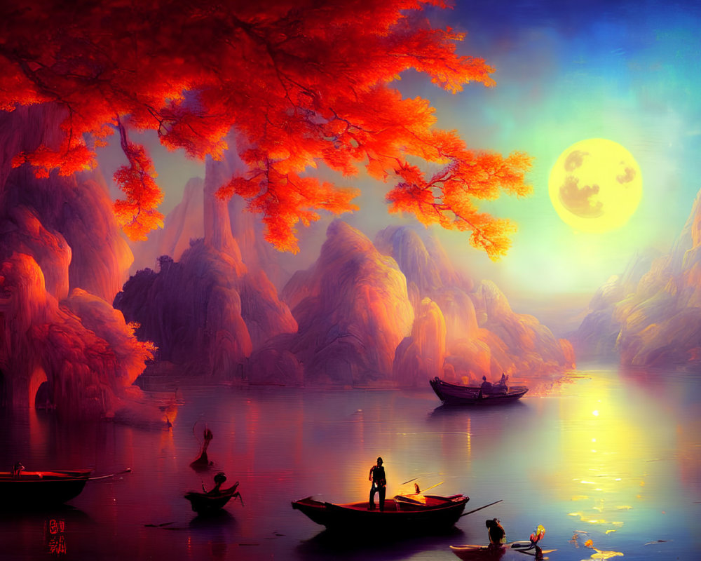 Tranquil landscape with amber sky, full moon, boats, person, mountains, and autumnal