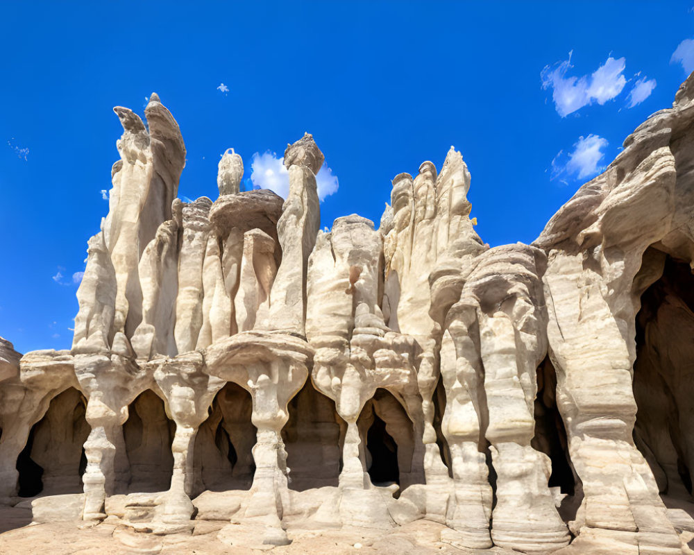 Sandstone Hoodoos with Cave-like Openings Under Blue Sky