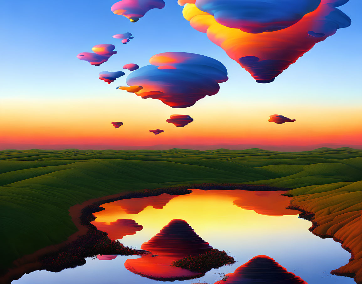 Vibrant multicolored clouds over surreal sunset landscape