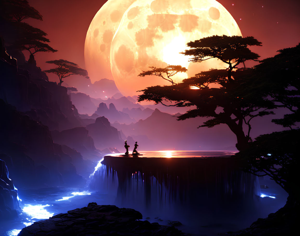 Silhouetted figures on alien planet waterfall edge with giant trees and moon