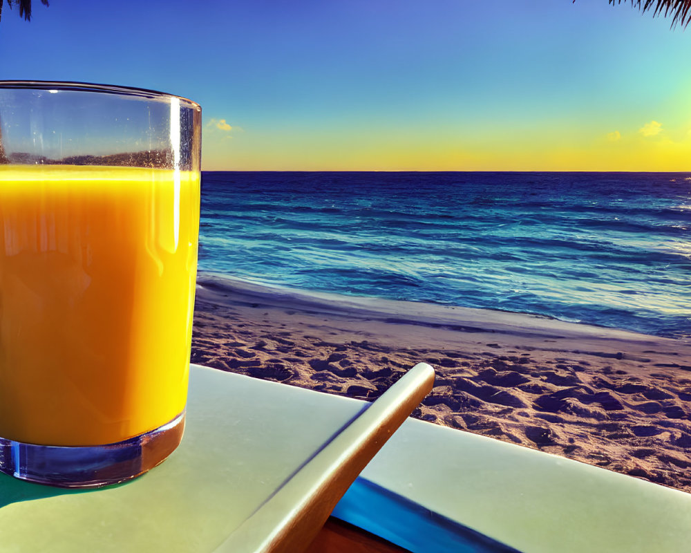 Refreshing orange juice on table by serene beach at sunset