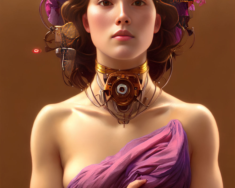 Digital portrait of woman with ornate mechanical collar, headpiece, flowers in hair, holding purple d
