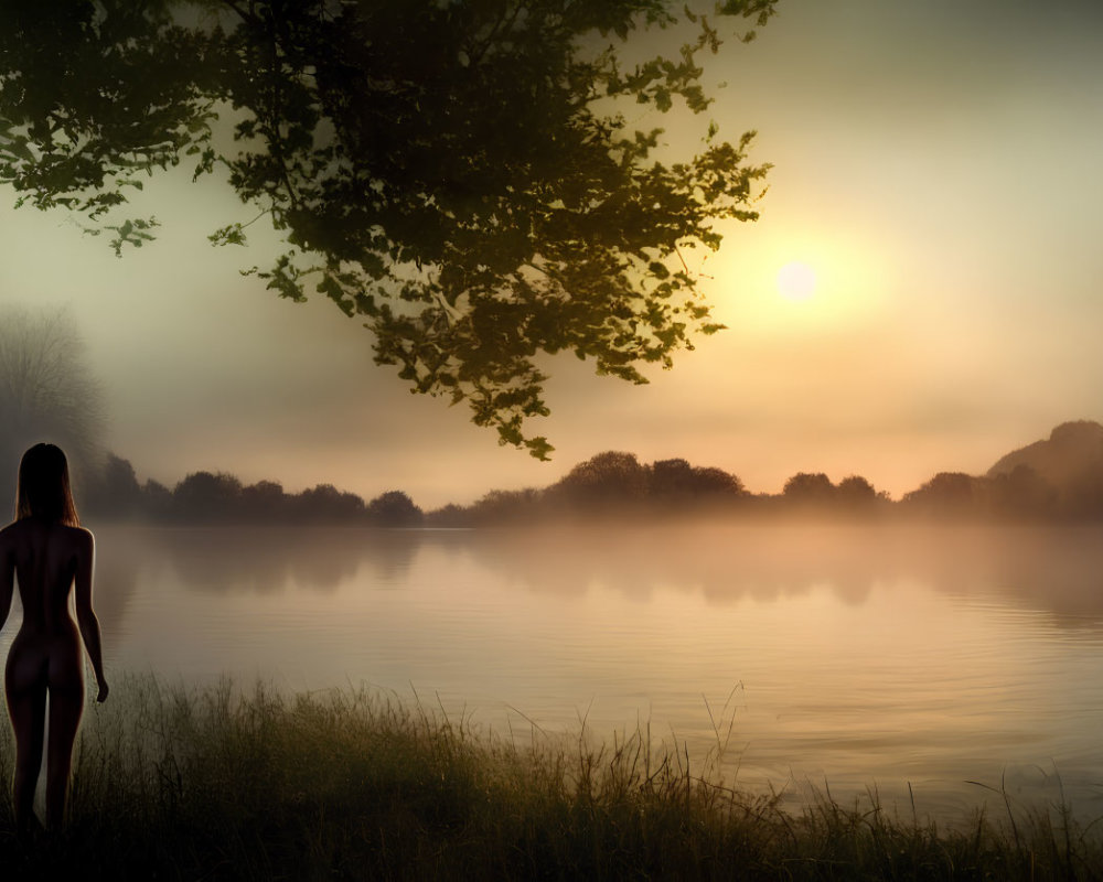 Tranquil sunrise by misty lake with person and trees