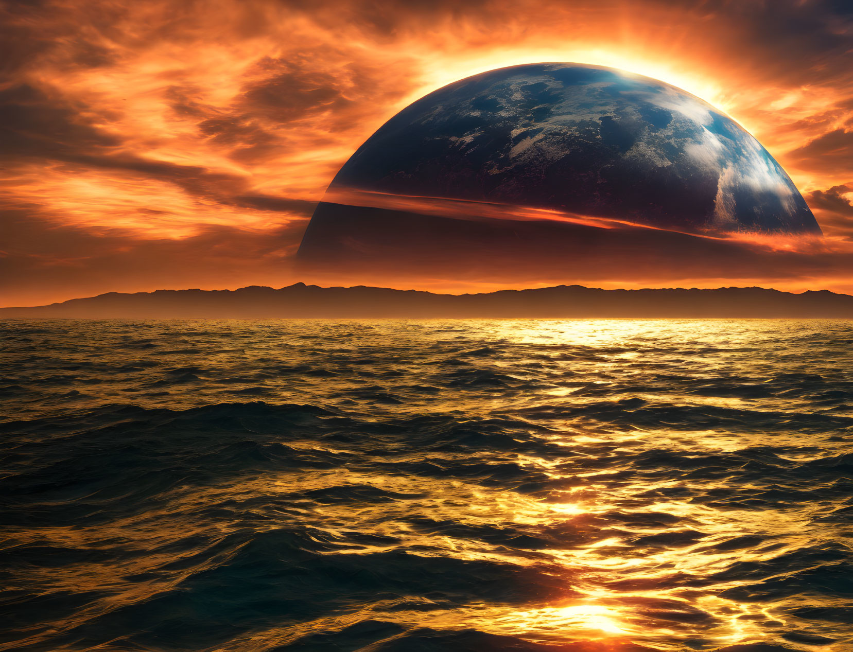 Alien planet in fiery sunset sky over vast ocean