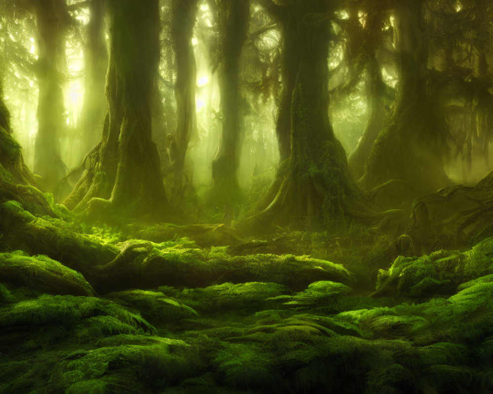 Lush Green Forest with Sunbeams and Mist