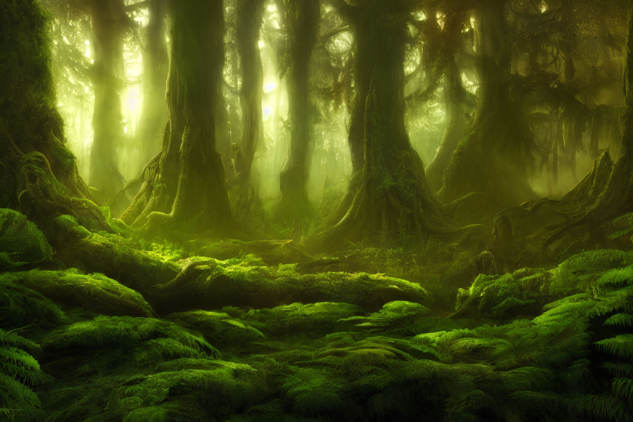 Lush Green Forest with Sunbeams and Mist
