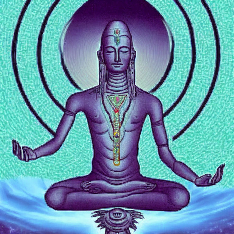 Meditating figure with multiple arms and Hindu markings in stylized illustration