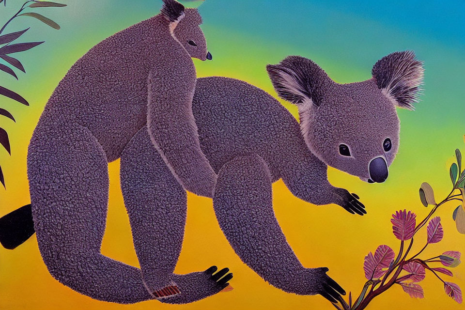 Two Koalas on Branch with Green and Yellow Gradient Background