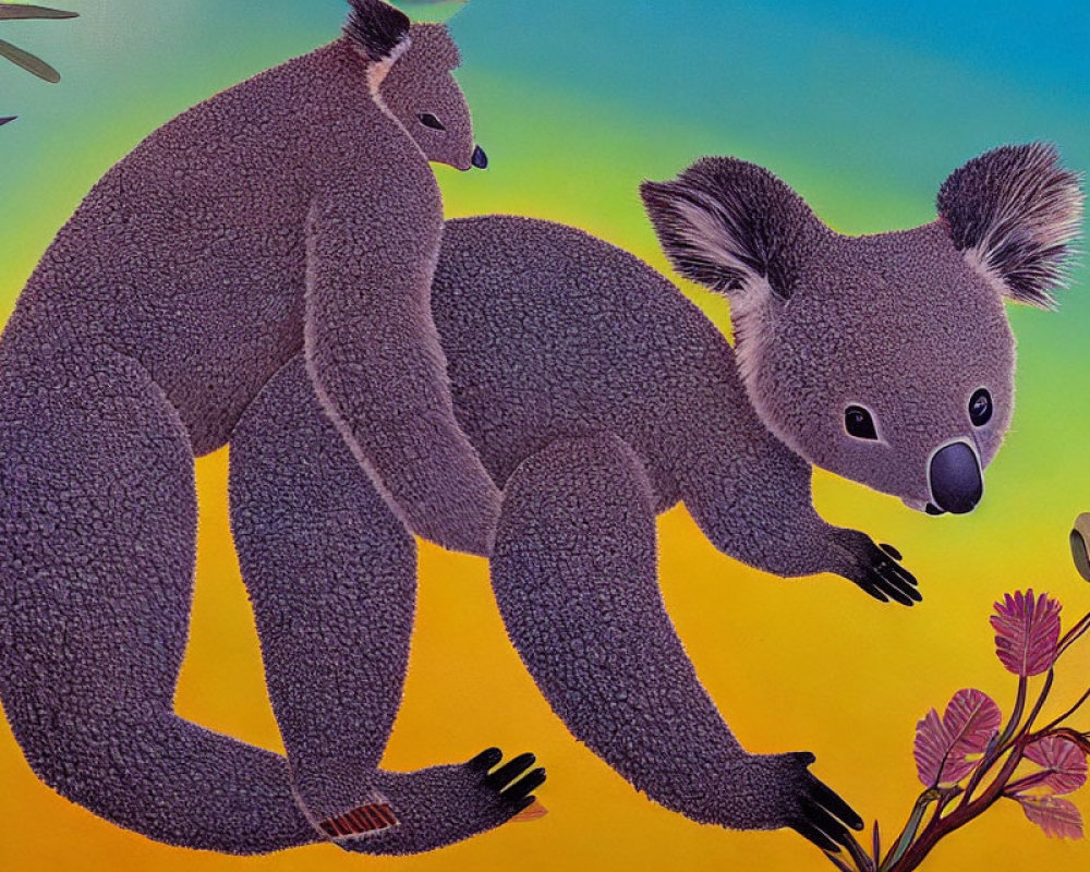 Two Koalas on Branch with Green and Yellow Gradient Background