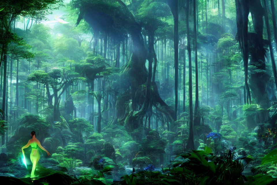Mystical Green Forest with Towering Trees and Luminous Figure