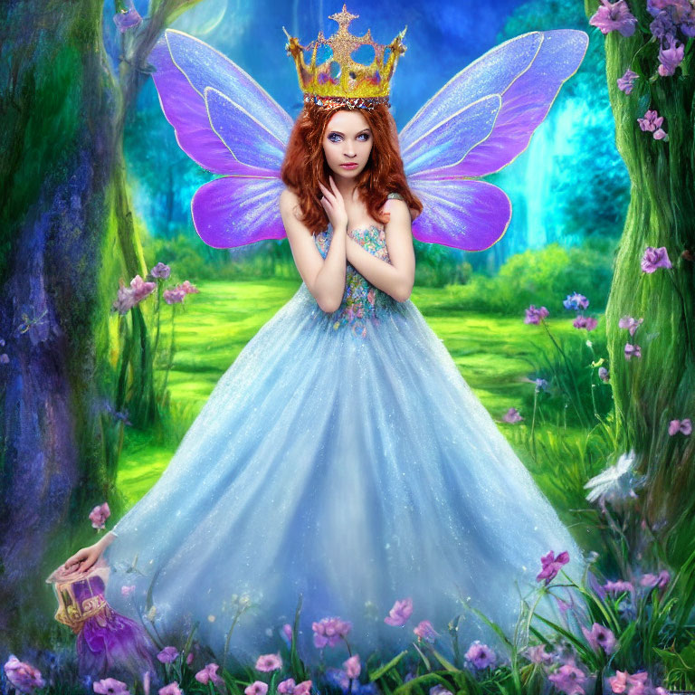Woman in fairy queen costume with purple wings and crown in enchanted forest.