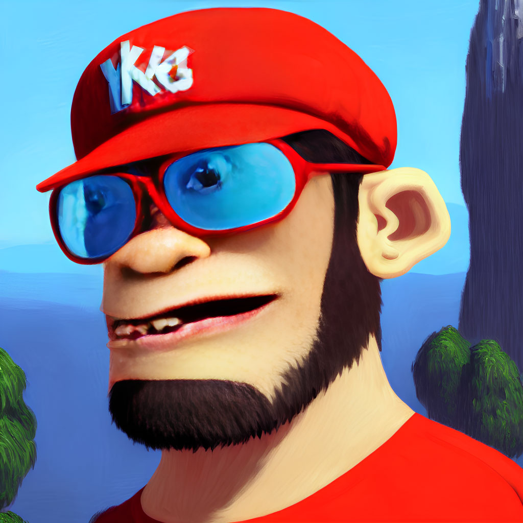 Stylized character with red cap and glasses against blue sky