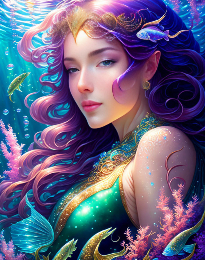 Fantastical Woman with Purple Hair Surrounded by Marine Life and Gold Attire
