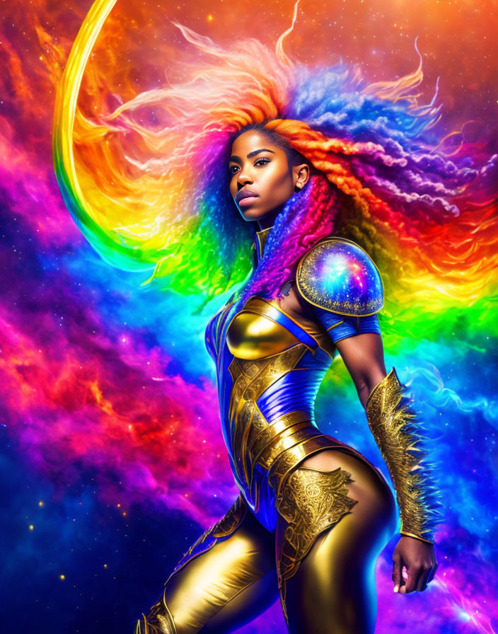 Vibrant cosmic illustration: woman in golden armor, swirling nebulas, fiery phoenix