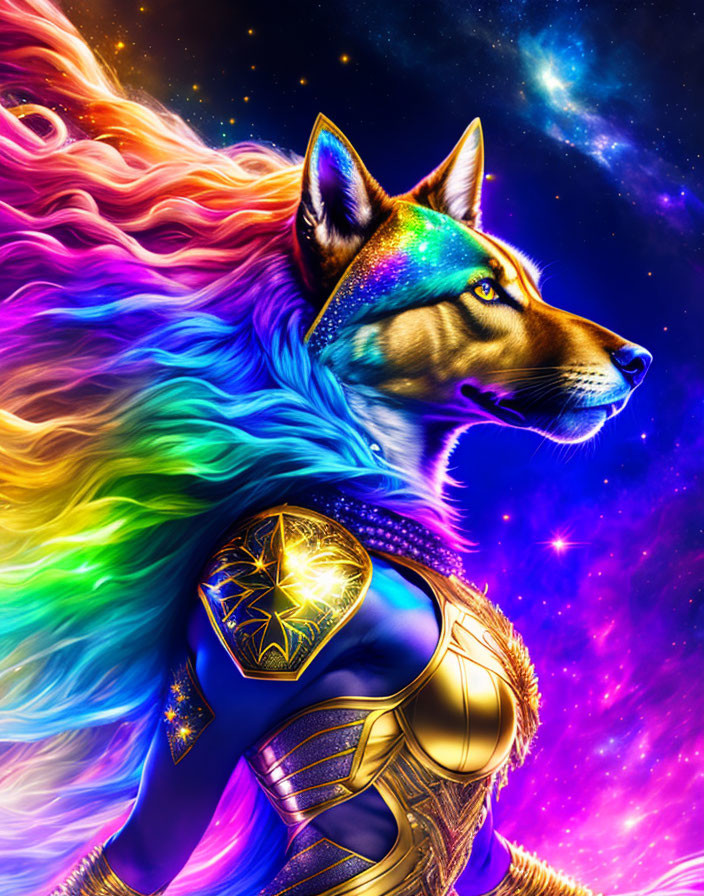 Colorful mythical canine with rainbow mane and golden armor in cosmic setting