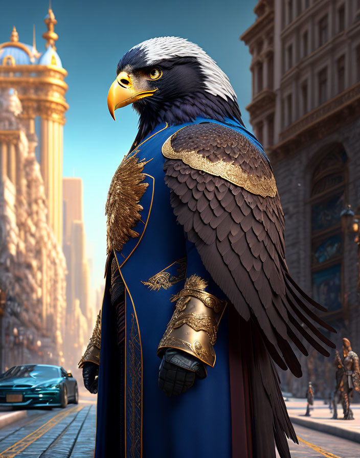 Regal anthropomorphic eagle in golden armor in urban setting
