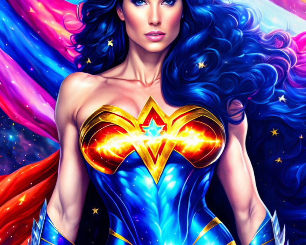 Female superhero with long wavy hair in red, blue, and gold costume on cosmic backdrop