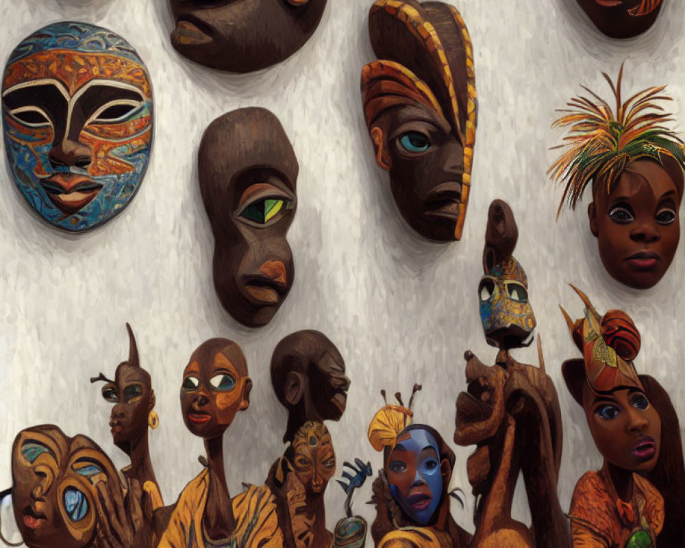 Ethnic masks and figures with intricate designs and expressive eyes on textured background