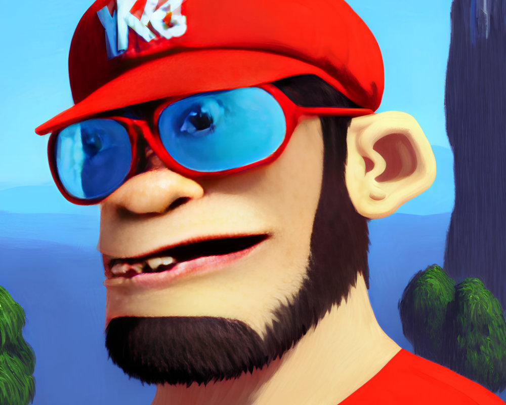 Stylized character with red cap and glasses against blue sky