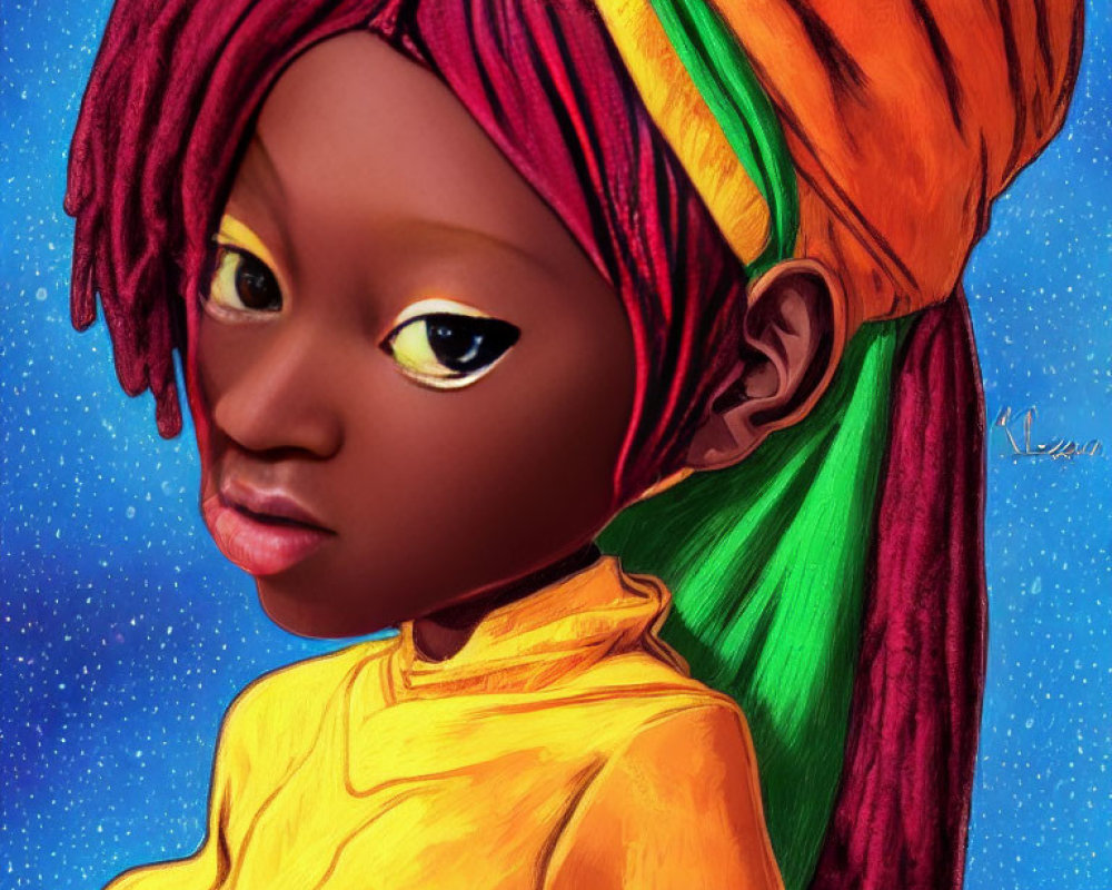 Digital artwork of girl with red hair in wrap, yellow eyes, yellow top, green and orange head