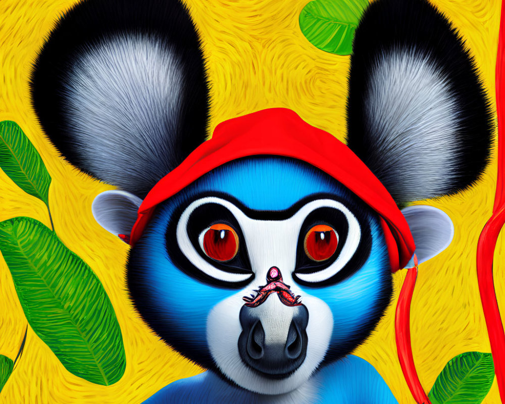 Colorful digital artwork: Blue lemur character with red nose and bandana on yellow background