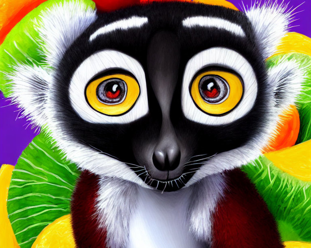 Colorful Lemur Illustration with Yellow Eyes and Fruit on Purple Background