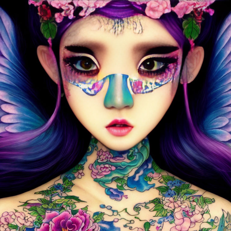 Colorful fantasy figure with expressive eyes, wings, and floral tattoos