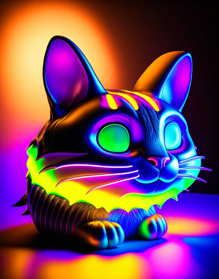Vibrant neon-lit cat head illustration with psychedelic stripes on warm background