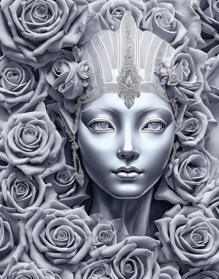 Monochromatic art: Silver mask face with grey roses background