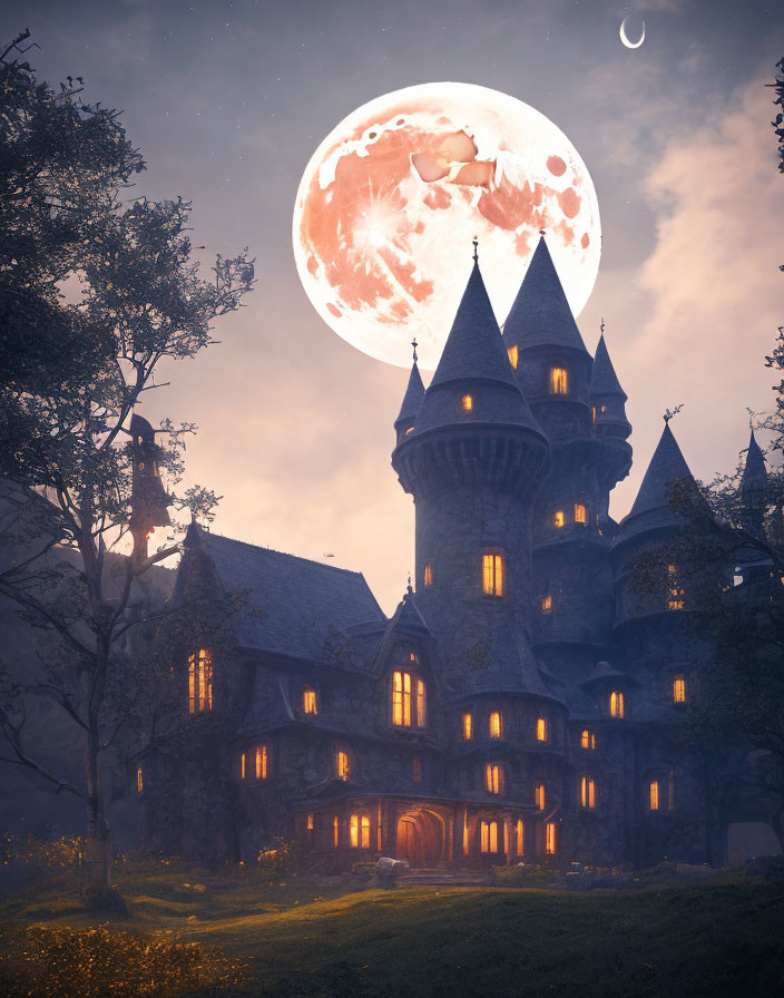 Mystical castle at twilight with red moon and Santa silhouette