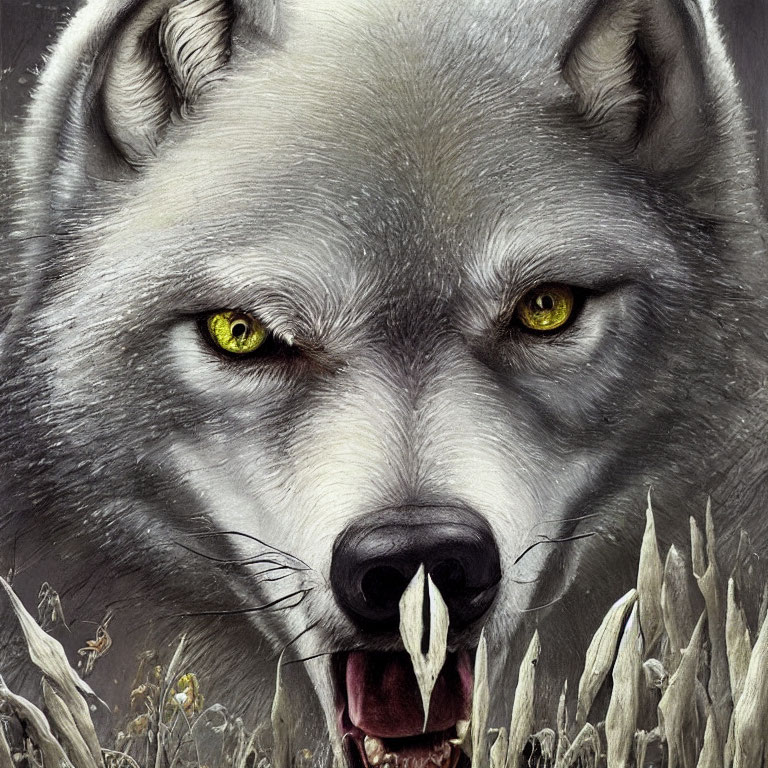 Detailed illustration of wolf with yellow eyes against grey underbrush