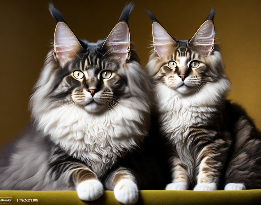 Majestic long-haired cats with striking markings and tufted ears on golden background